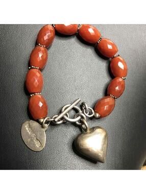 5862 VNTG Tutti Frutti Sterling 925 Carnelian puffy heart charm bracelet 8" 47g
